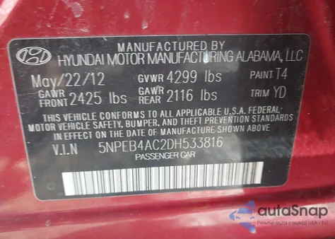 2013 Hyundai Sonata Gls z USA, uszkodzony, nr VIN 5NPEB4AC2DH533816